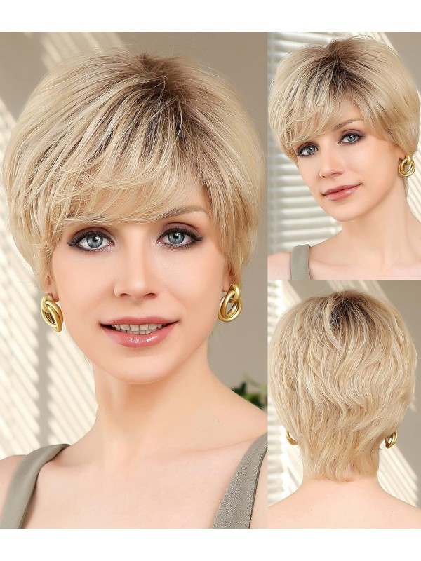 6" Pixie Layered Spitzefront Echthaarperücken Mit Pony