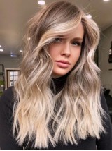 Lange 18" Lace Front Perücke Mit blonden Highlights 100% Echthaar